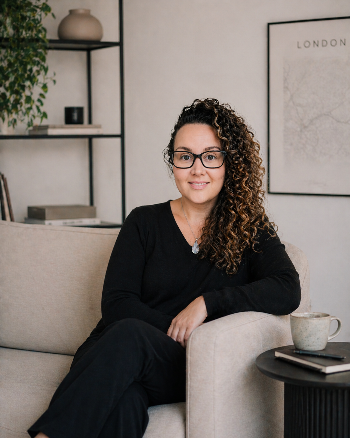 A woman with glasses and curly hair sitting on a beige sofa in a modern living room, with a dark round side table holding a coffee mug, a notebook, and a pen. There is a framed map of London on the wall behind her and a black shelf with decor and books.