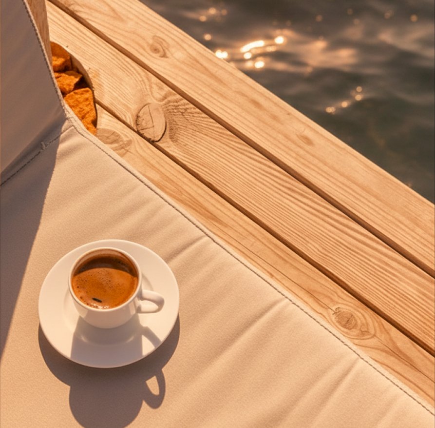 A cup of espresso coffee on a white saucer, placed on an outdoor beige cushioned surface near a wooden railing with water in the background.
