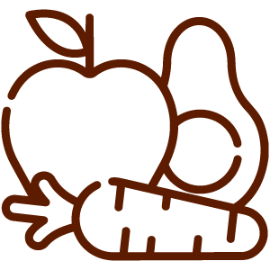 Simple line drawing of an apple with a leaf, a banana, and a carrot.