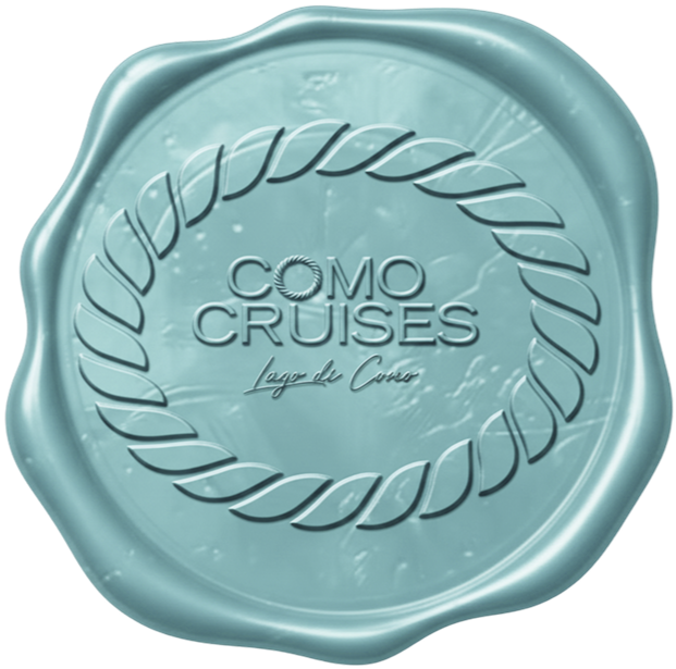 Seal wax stamp with the text 'Como Cruises Lago de Como' and a decorative border.