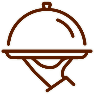 A stylized line drawing of a covered serving dish on a stand, representing food or catering.