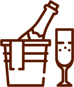 Outline of a bottle, ice bucket, and champagne flute.