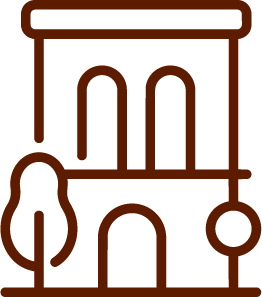 Outline of a small house with a tree and a hanging ornament