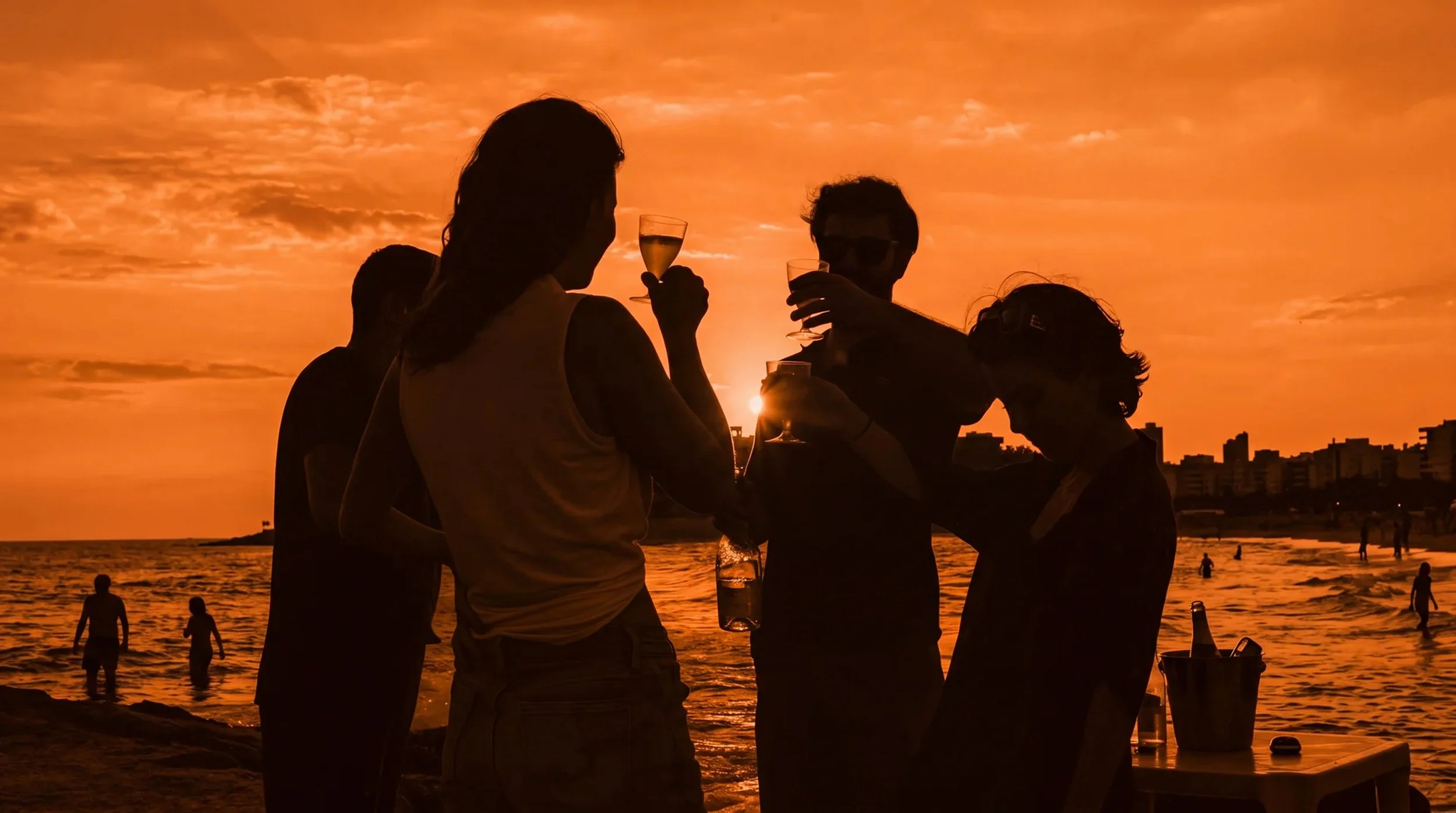 Silhouettes of four people holding drinks and talking on the beach during a sunset, with other beachgoers and buildings in the background.