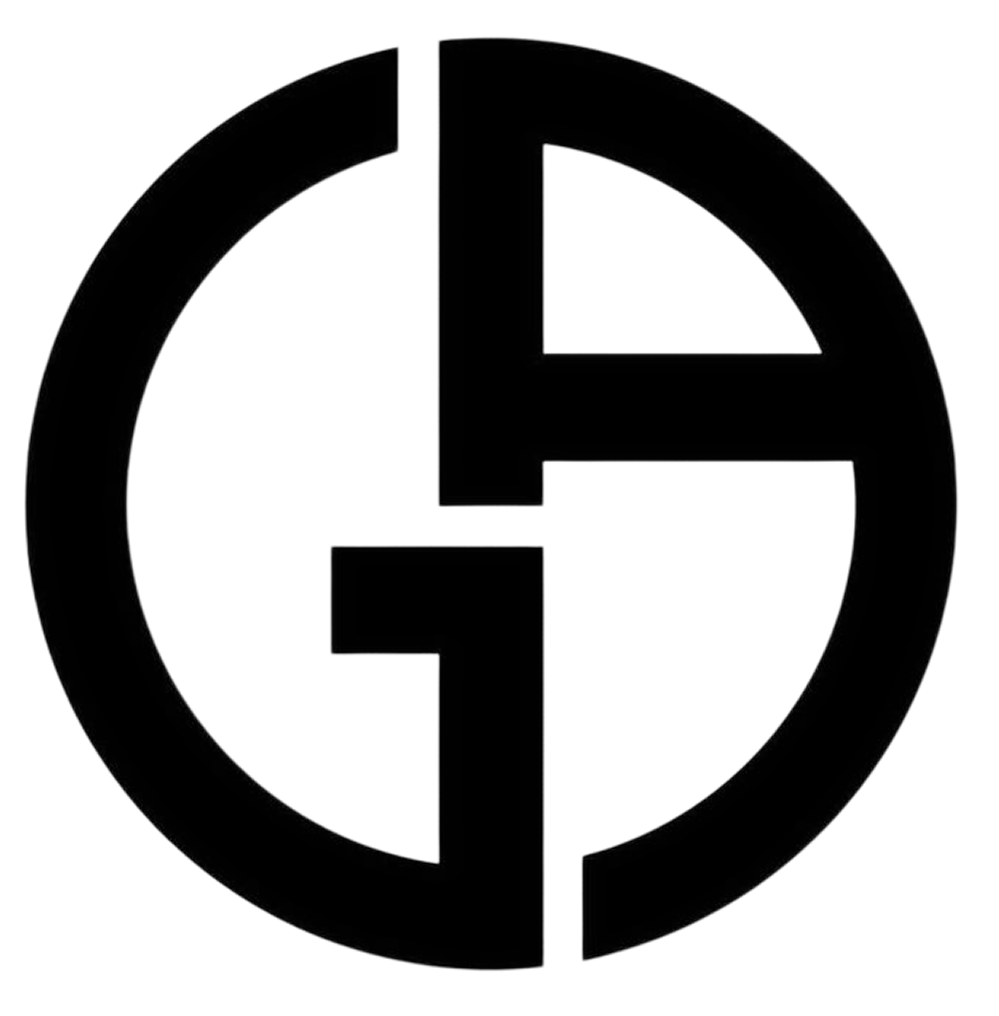 A black and white logo with stylized, interlocking letters G and M inside a circle, resembling a brand or corporate emblem.