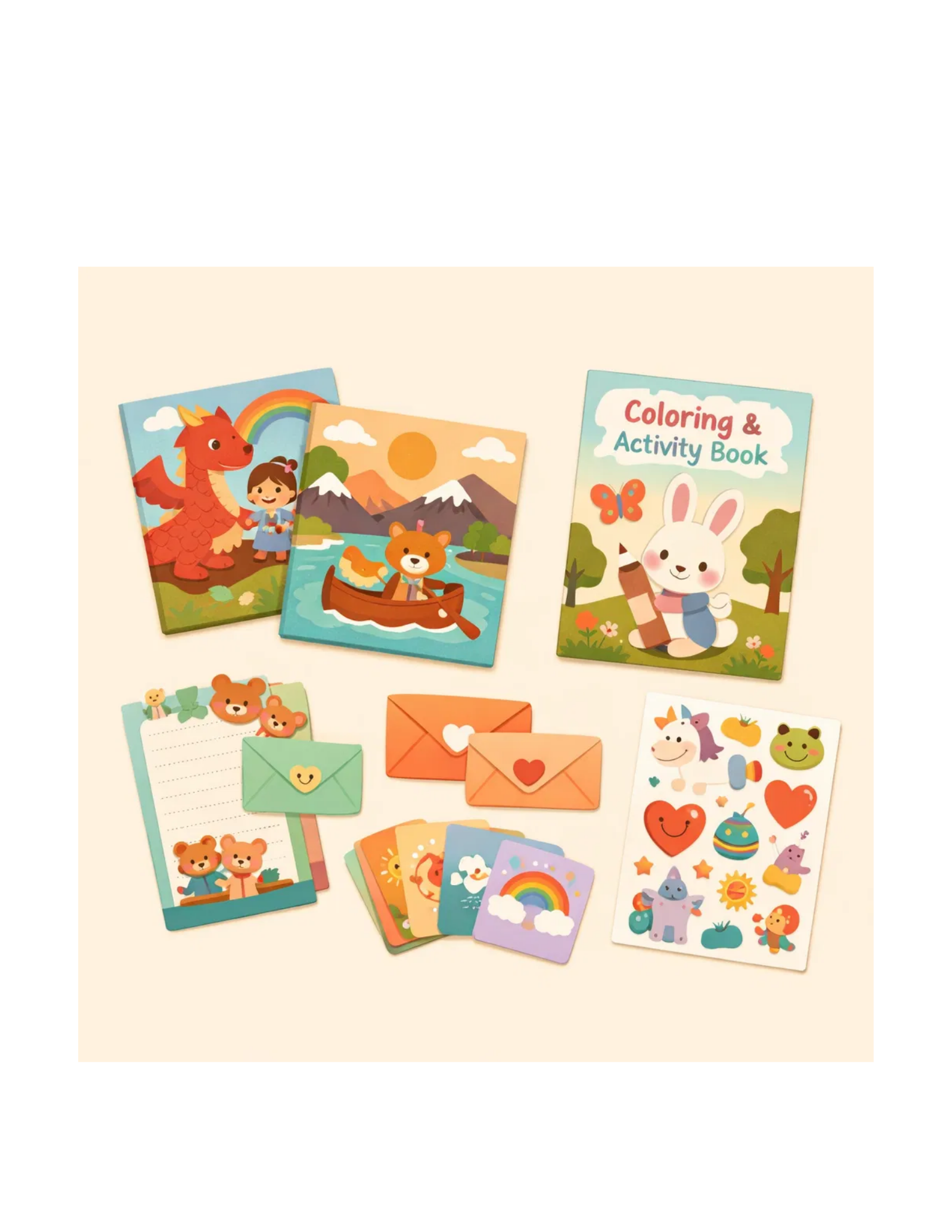 Set of curated personalized children's books, coloring and activity books, stickers, note cards, envelopes, and illustrated cards themed with animals, rainbows, and nature scenes.