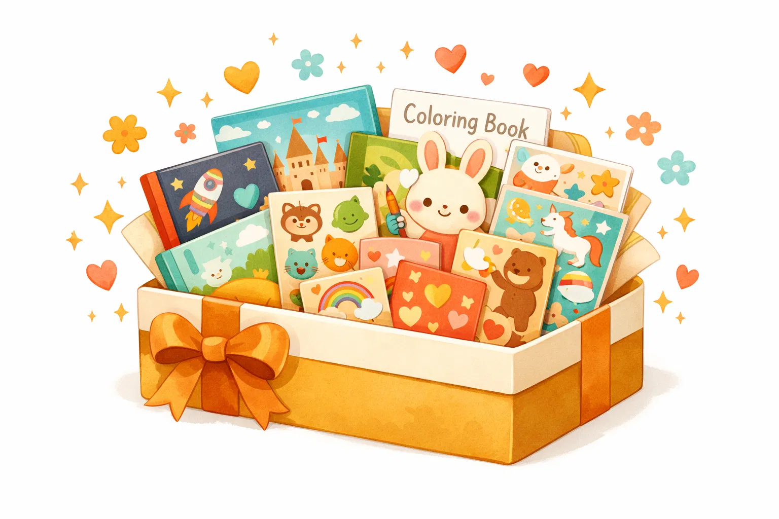 Colorful gift box filled with children’s books and a coloring book, featuring cute illustrations of animals, a rocket, a castle, a unicorn, and a smiling bunny holding a crayon, surrounded by hearts, flowers, and sparkles.