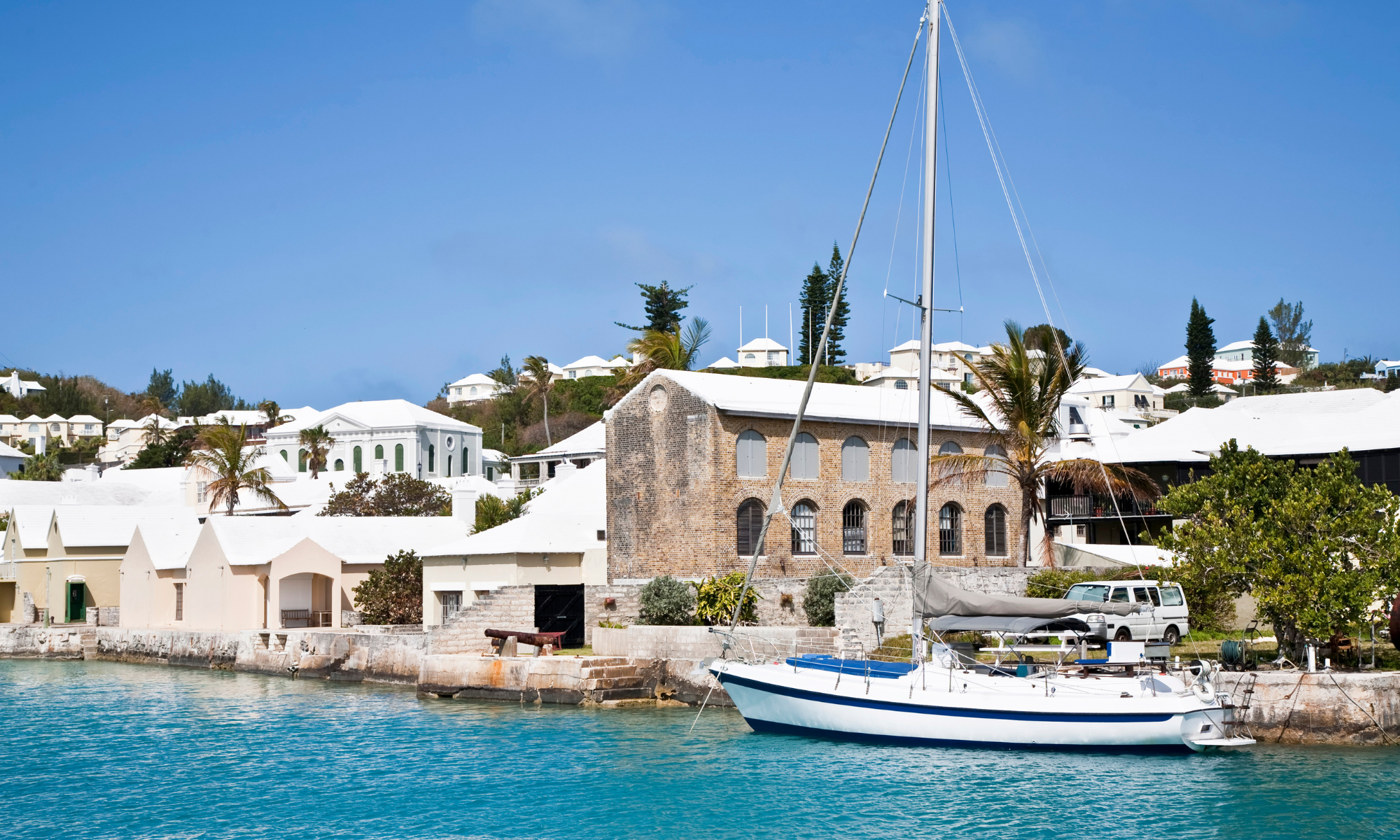 Bermuda coastal homes and marina with sailboat, reflecting Atlantic Security Limited’s local market expertise