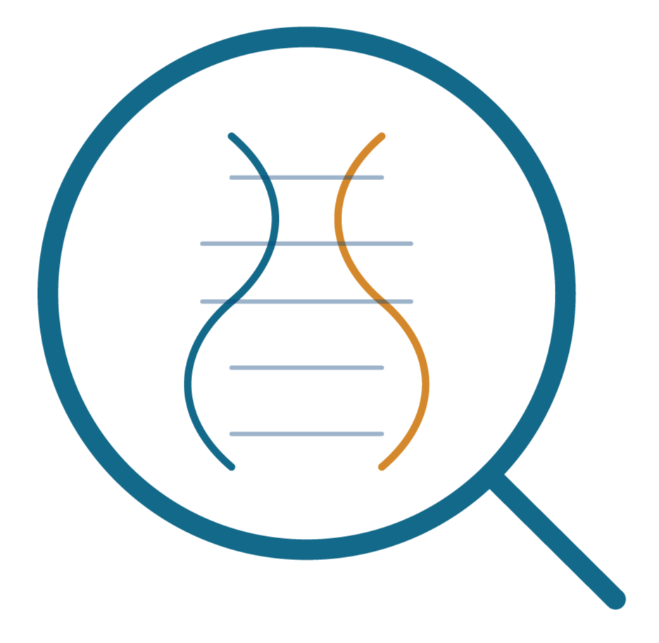 Magnifying glass over a DNA double helix structure with colored strands, representing genetic research or analysis.