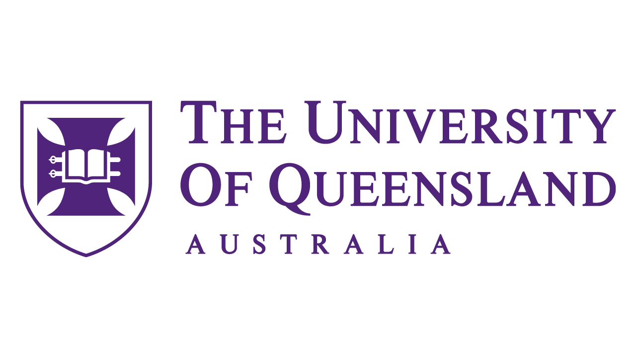 The logo of the University of Queensland, Australia, featuring a purple shield with a stylized open book and four leaves, alongside the university's name in purple text.