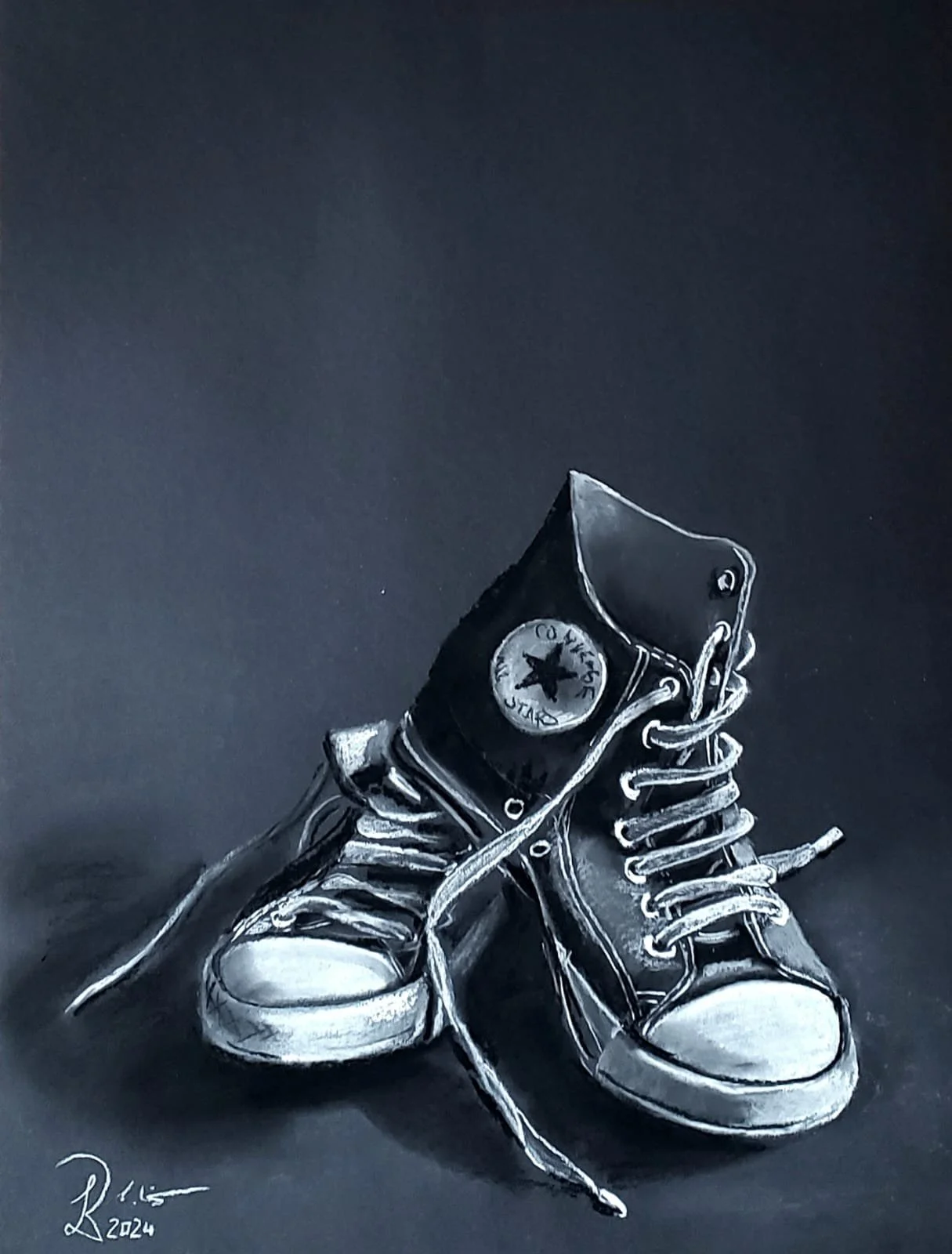 "Schuhe, die Erinnerungen schreiben" - Jan 2024 - 50 x 70 cm - Pastellkreide auf Tonpapier - 250 €