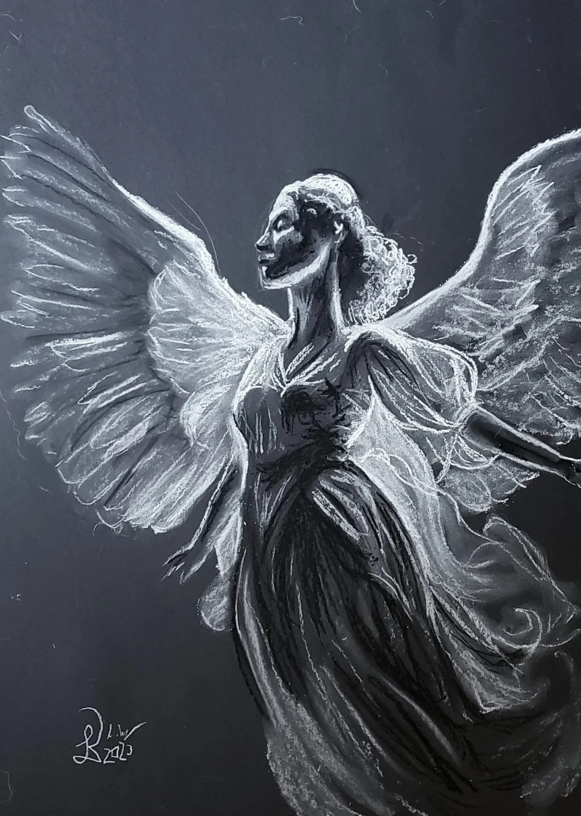 "Guardian Angel" - Aug 2023 - 50 x 70 cm - Pastellkreide auf Tonpapier - 300 €