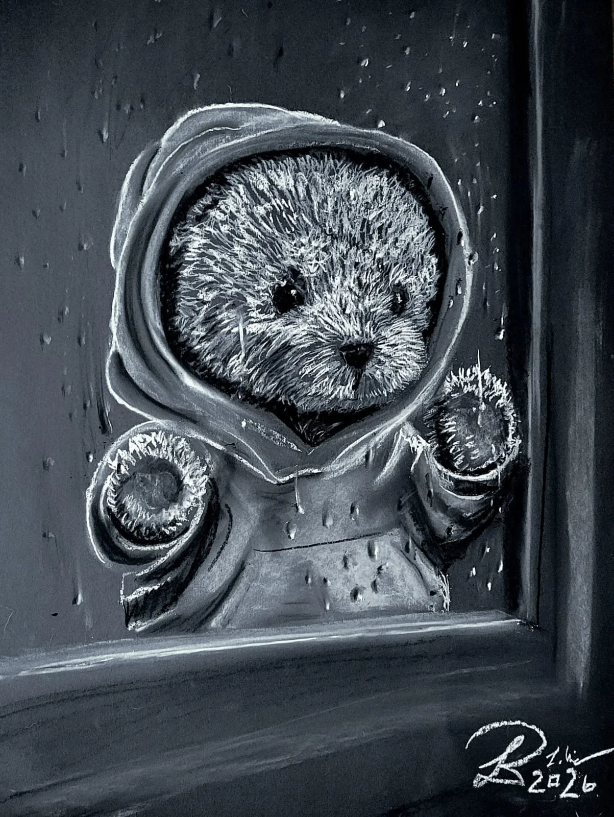 "Teddy mit Kapuze" - März 2026 - 50 x 70 cm - Pastellkreide auf Tonkarton -
450 €