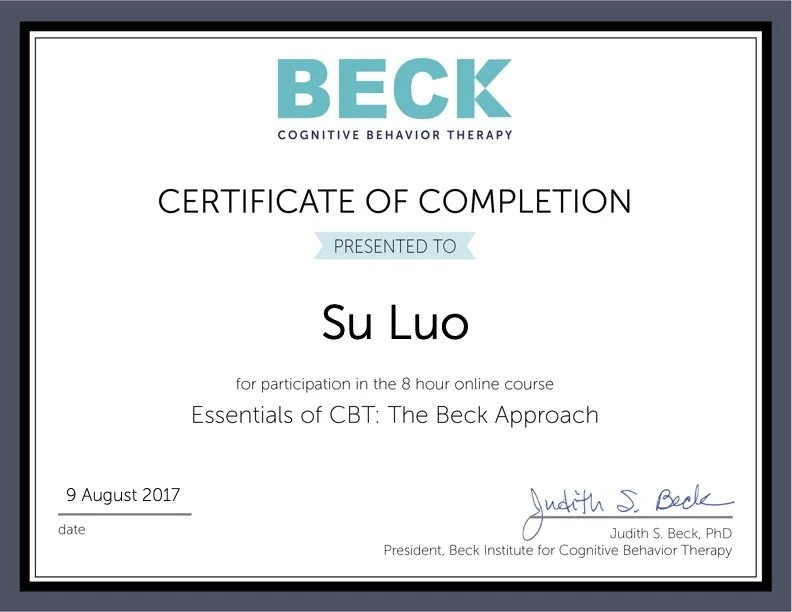 Certificate of completion from Beck Cognitive Behavior Therapy awarded to Su Luo on August 9, 2017, signed by Judith S. Beck, PhD.