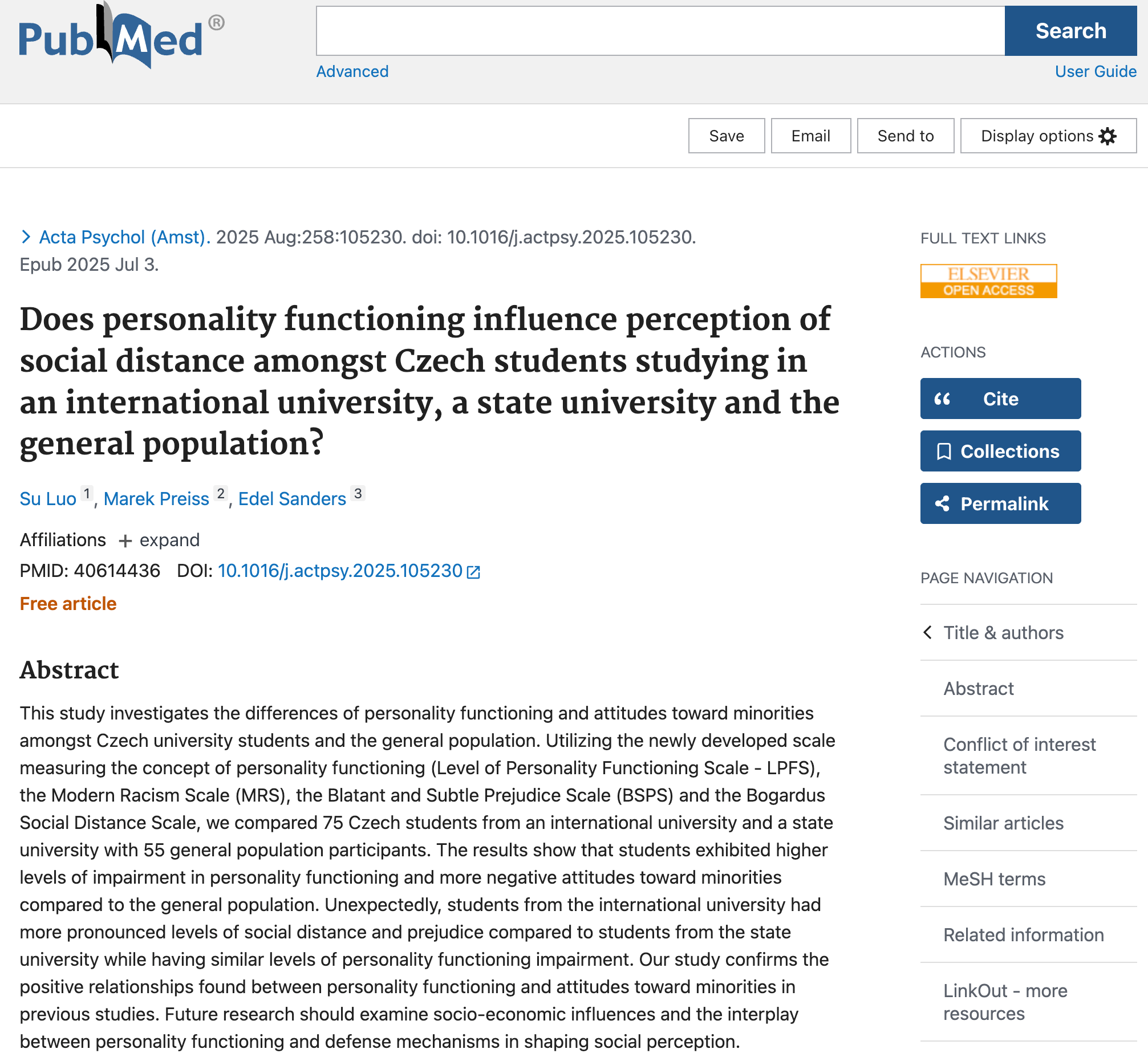 Screenshot of a PubMed search results page displaying a scientific article titled 'Does personality functioning influence perception of social distance amongst Czech students studying in an international university, a state university and the general population?' with options to save, email, send, cite, and view full text.