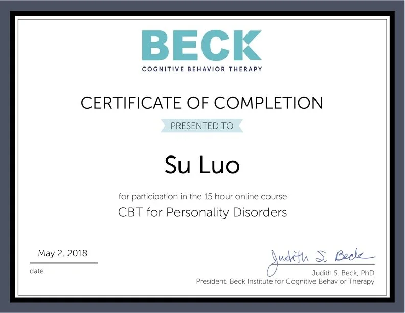 Certificate of completion from Beck Institute for Cognitive Behavior Therapy awarded to Su Luo for participating in a 15-hour online course on CBT for Personality Disorders, dated May 2, 2018.