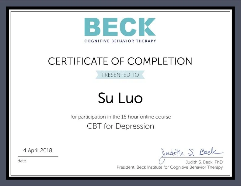 Certificate of completion from Beck Cognitive Behavior Therapy awarded to Su Luo for participating in a 16-hour online course on CBT for depression, dated April 4, 2018, signed by Judith S. Beck.