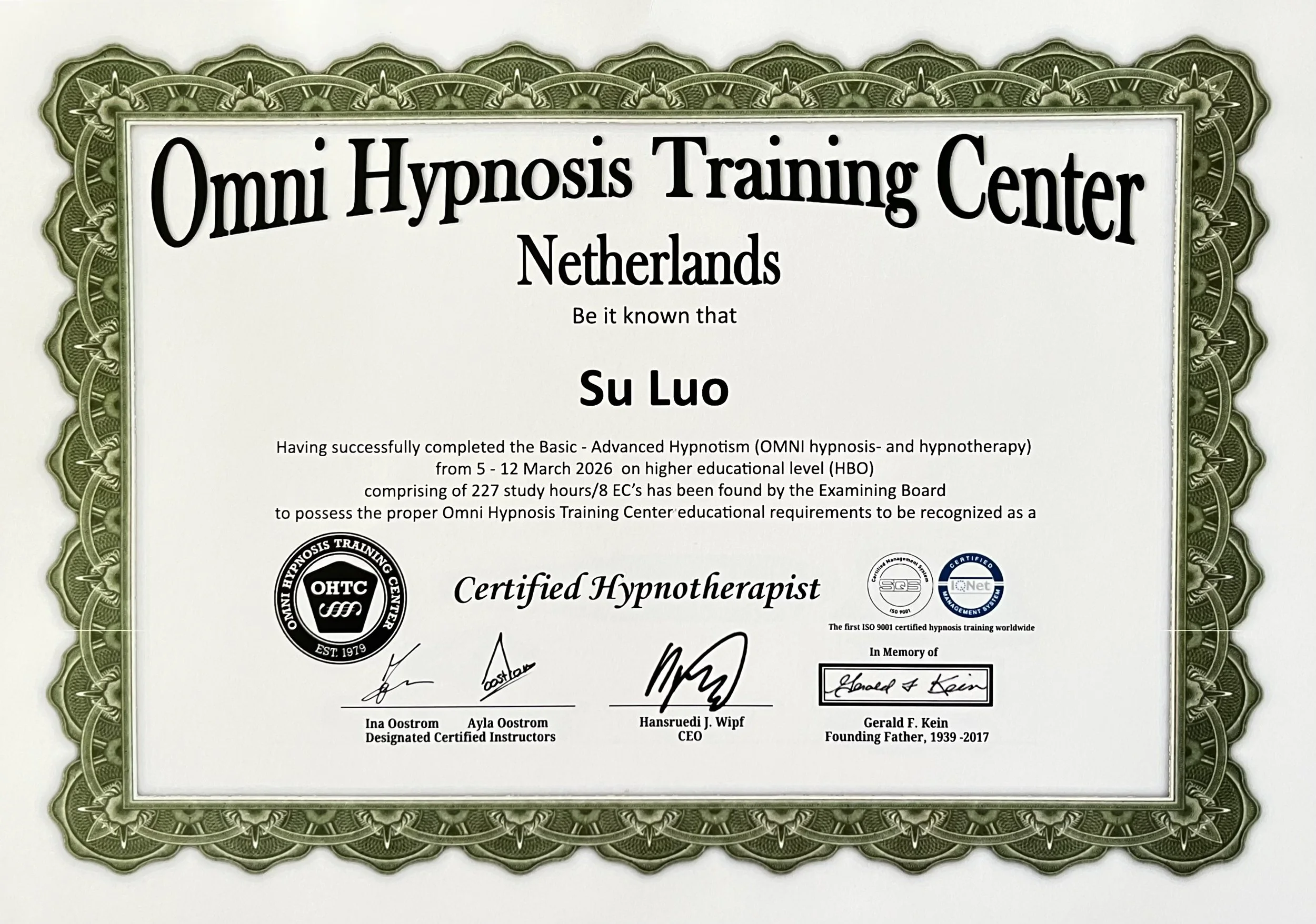 Certificate from the Omni Hypnosis Training Center in the Netherlands awarded to Su Luo, including signatures and certification details.