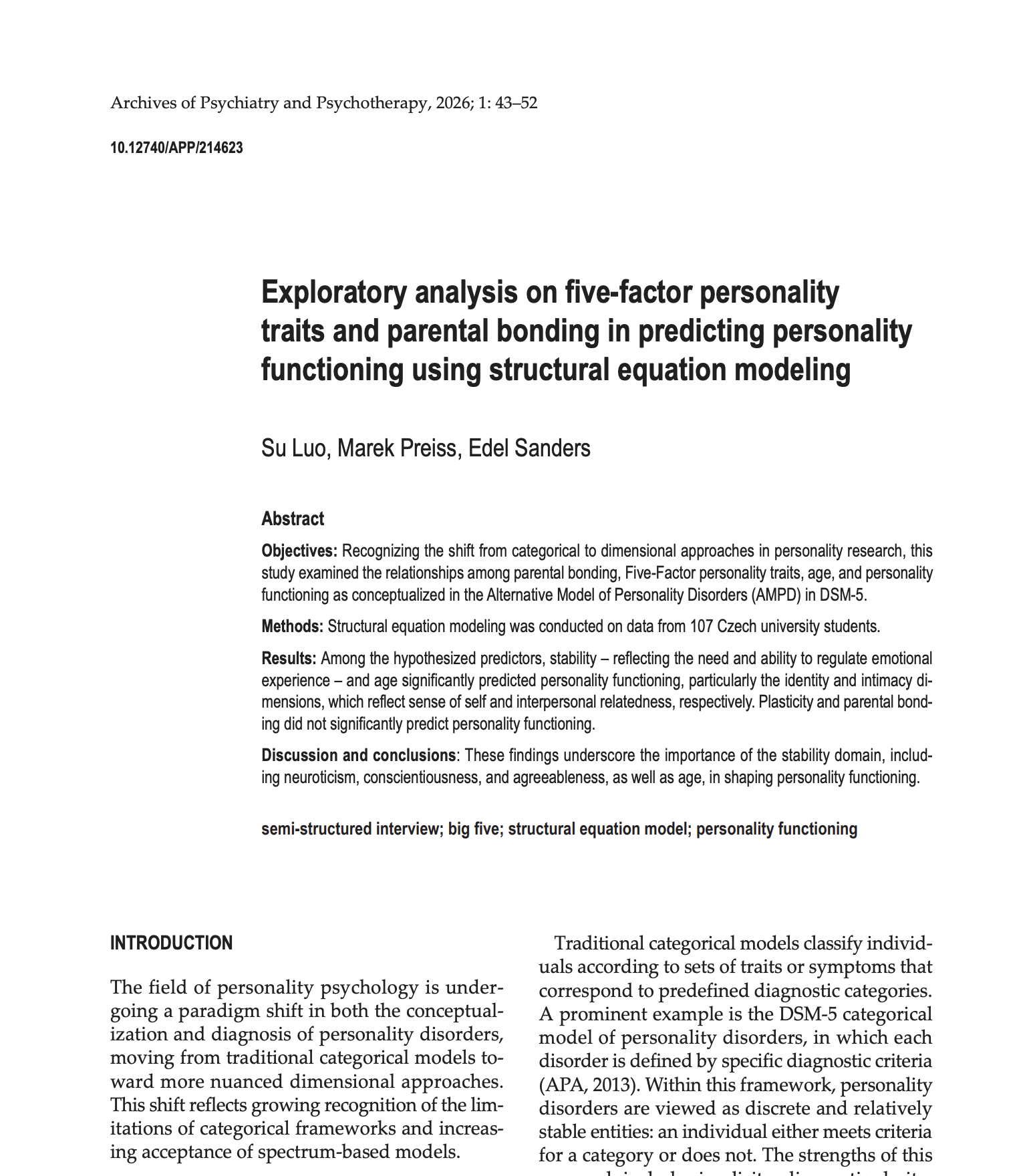 PDF page from an academic journal article titled 'Exploratory analysis on five-factor personality traits and parental bonding in predicting personality functioning using structural equation modeling' by Su Luo, Marek Preiss, and Edel Sanders, with an abstract and introduction visible.