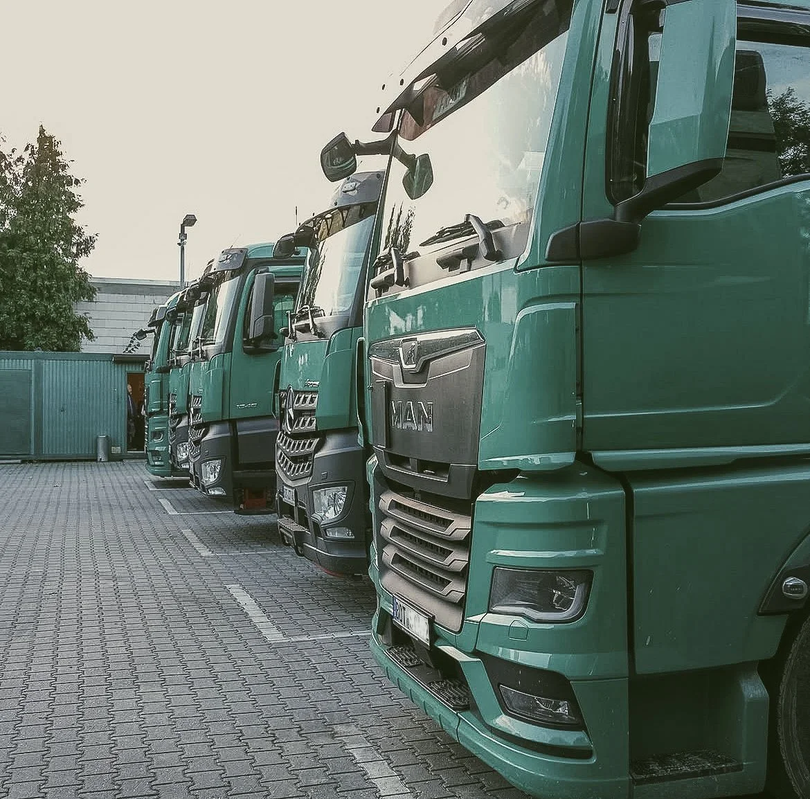 Mehrere grüne Lastwagen parken nebeneinander auf einem Parkplatz.