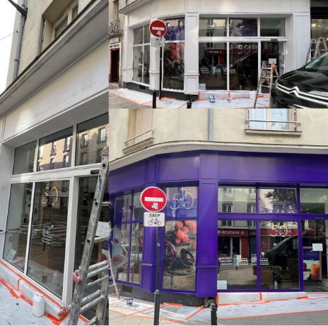 Violet intense, posé avec précision jusqu'aux moindres détails. La couleur comme signature d'une enseigne qui marque les esprits.