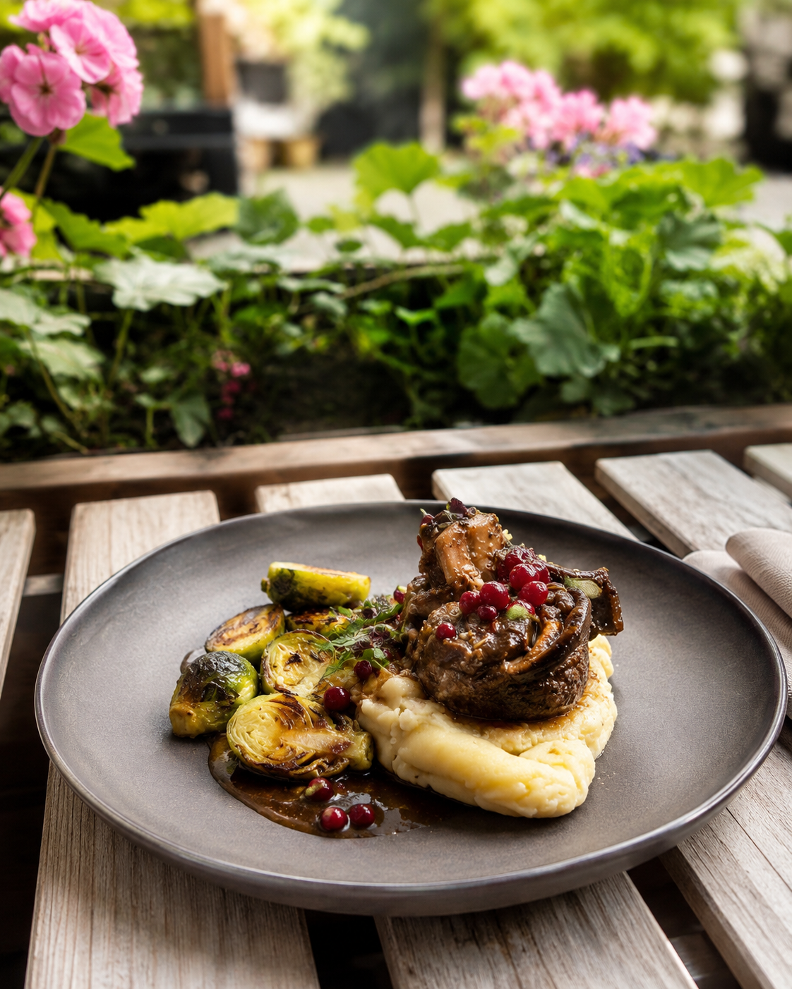Bilde av reinsdyrskank med rødvinsaus, rosenkål, hasselnøtter, tyttebær og potetstappe - Norsk mat, restaurant i Oslo sentrum, bak Domkirken - Kirkeristen Vertshus
