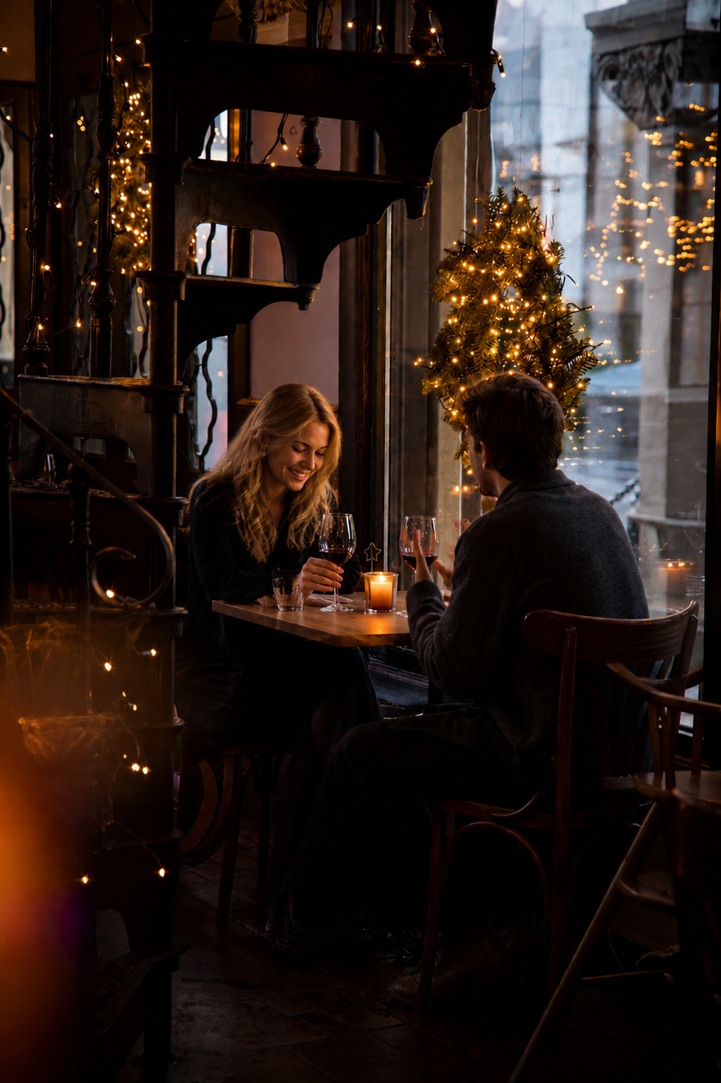Bilde av en kvinne og en mann som smiler og nyter et glass vin på Kirkeristen Vertshus, Oslo - Julebord