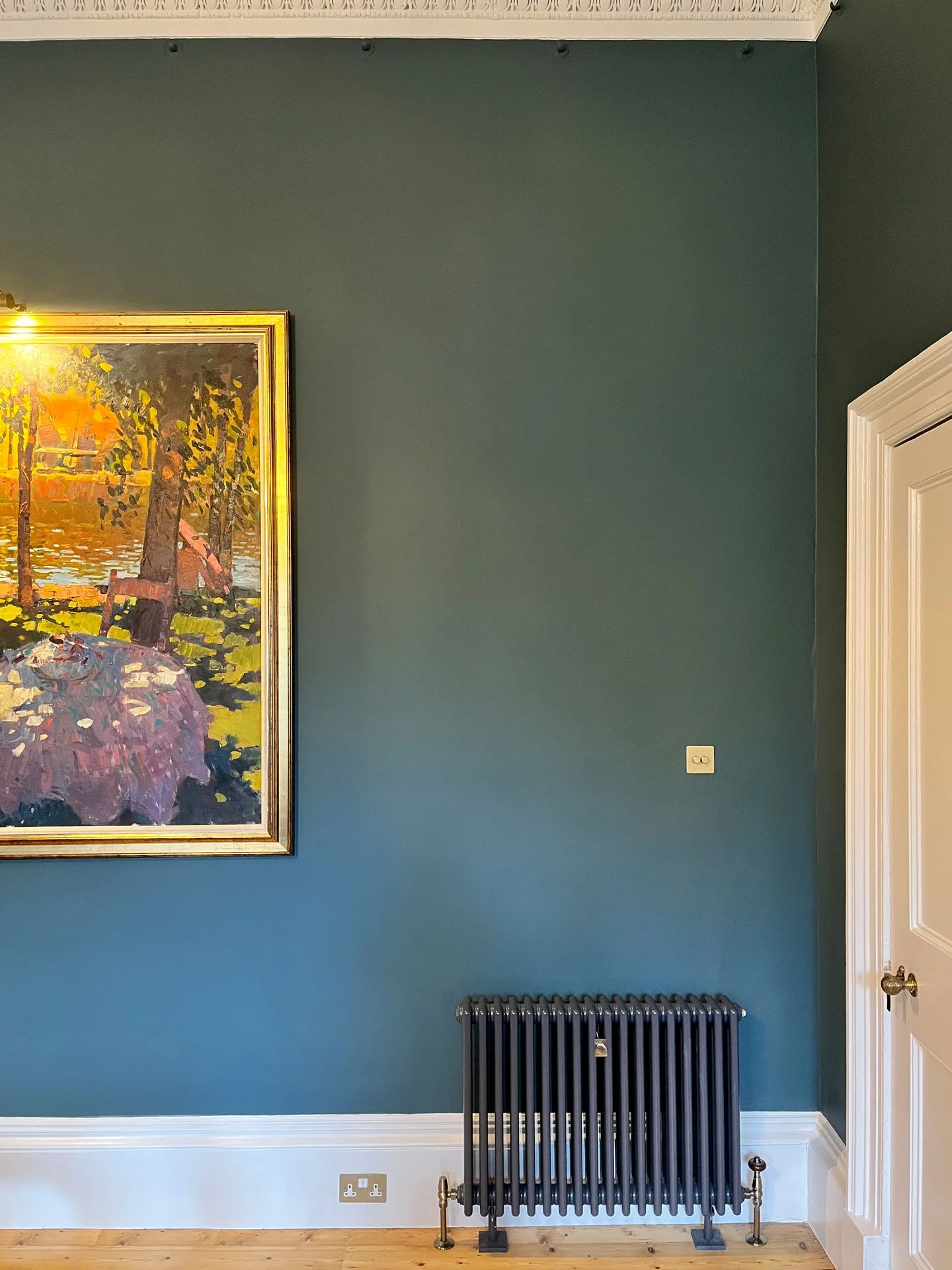 Reinstated cornicing detail and restored hardwood floorboards — Category A listed building, Edinburgh