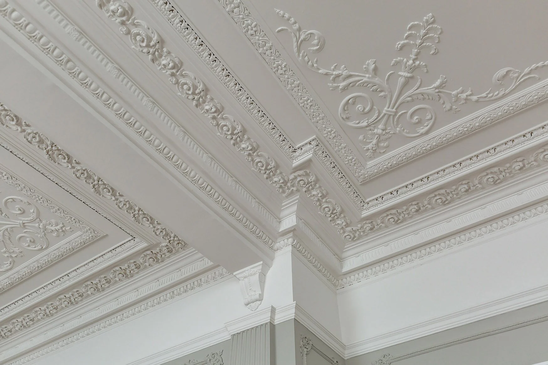 Ornate ceiling with intricate plaster molding and decorative designs in white.