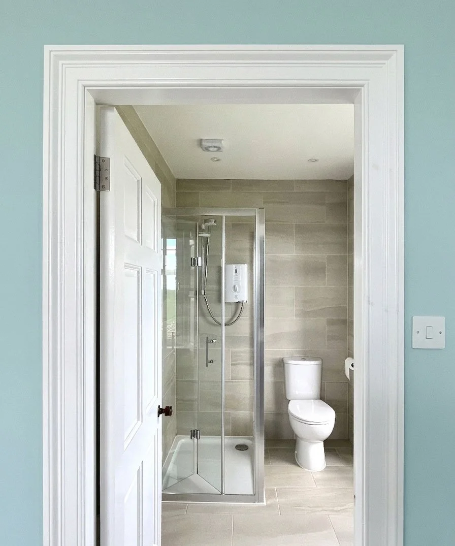 Internal farmhouse alterations, Scottish Borders — contemporary ensuite with bespoke joinery