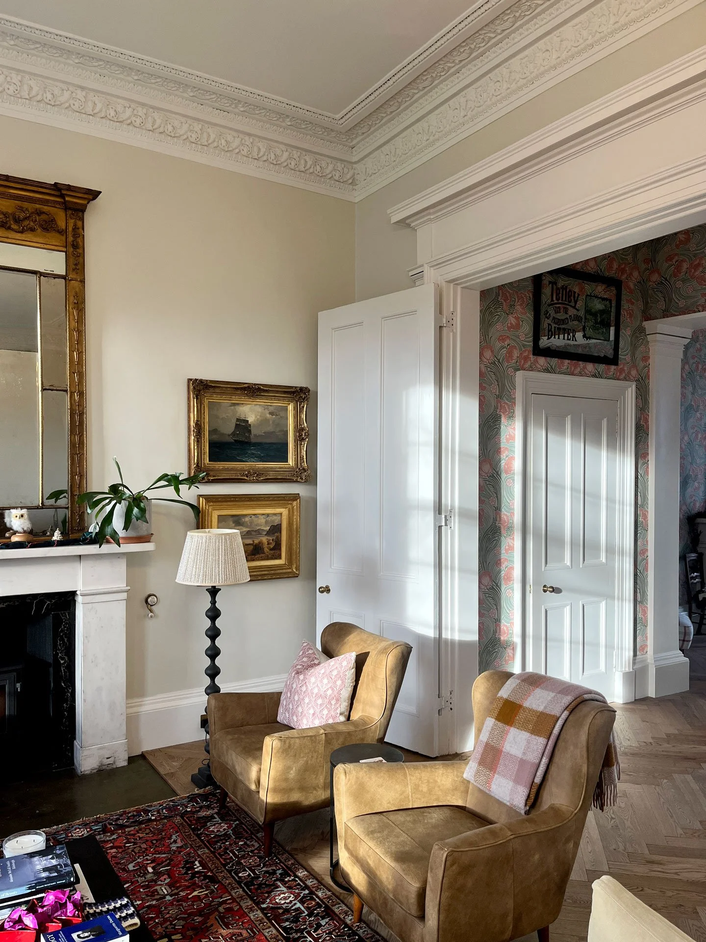 Restored Georgian drawing room, Category A listed townhouse — original features reinstated, Edinburgh
