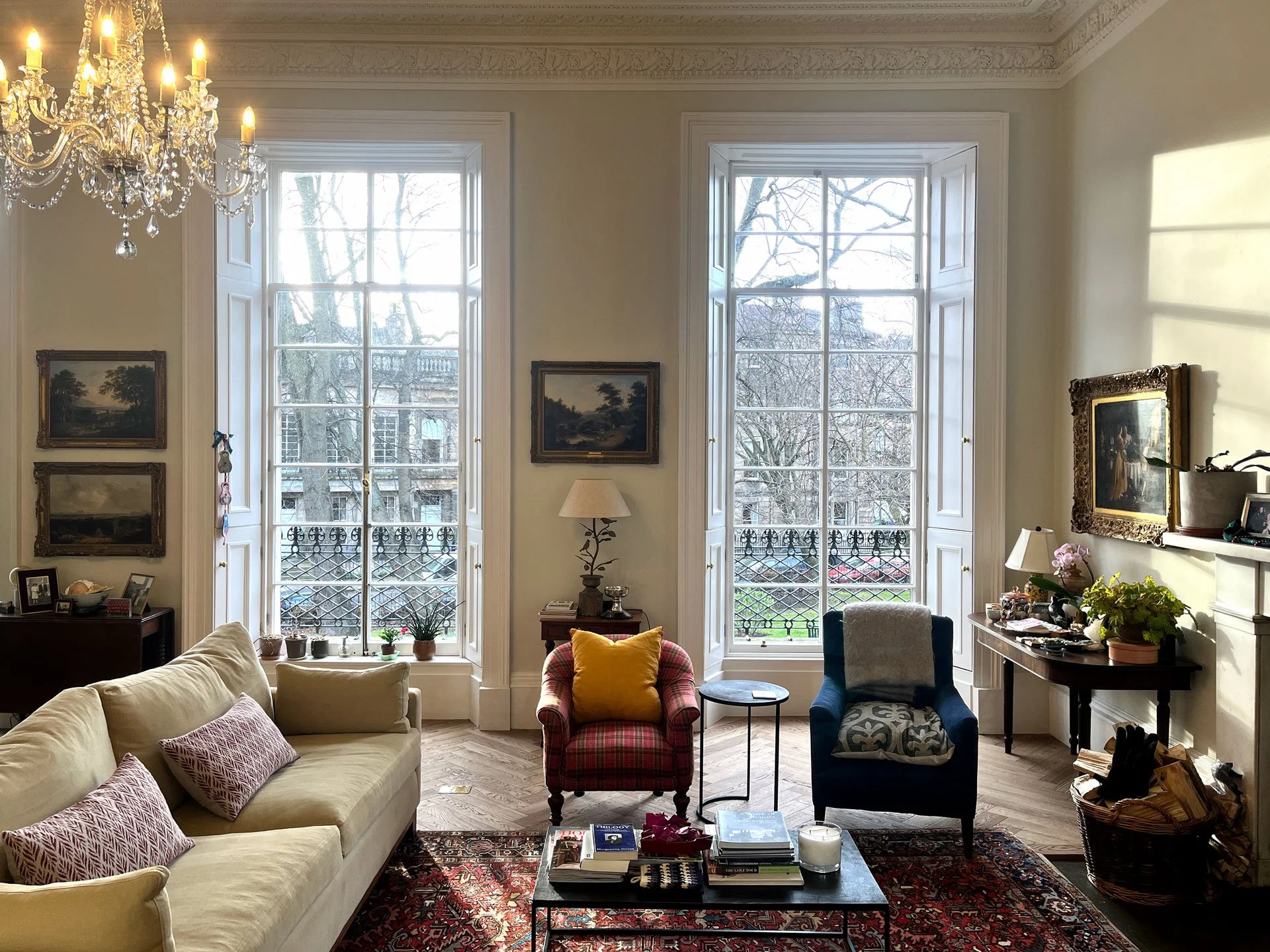 Georgian drawing room restoration, St Bernard's Crescent Edinburgh — original cornicing and shutters reinstated