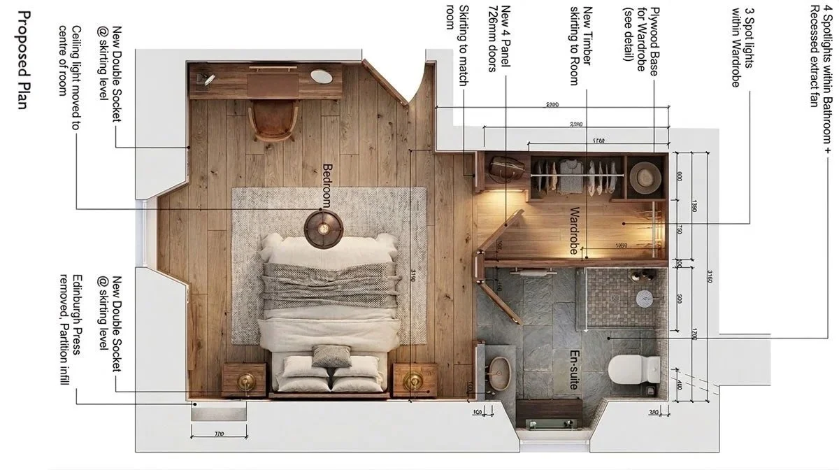 Internal alterations plan — farmhouse ensuite and walk-in wardrobe layout
