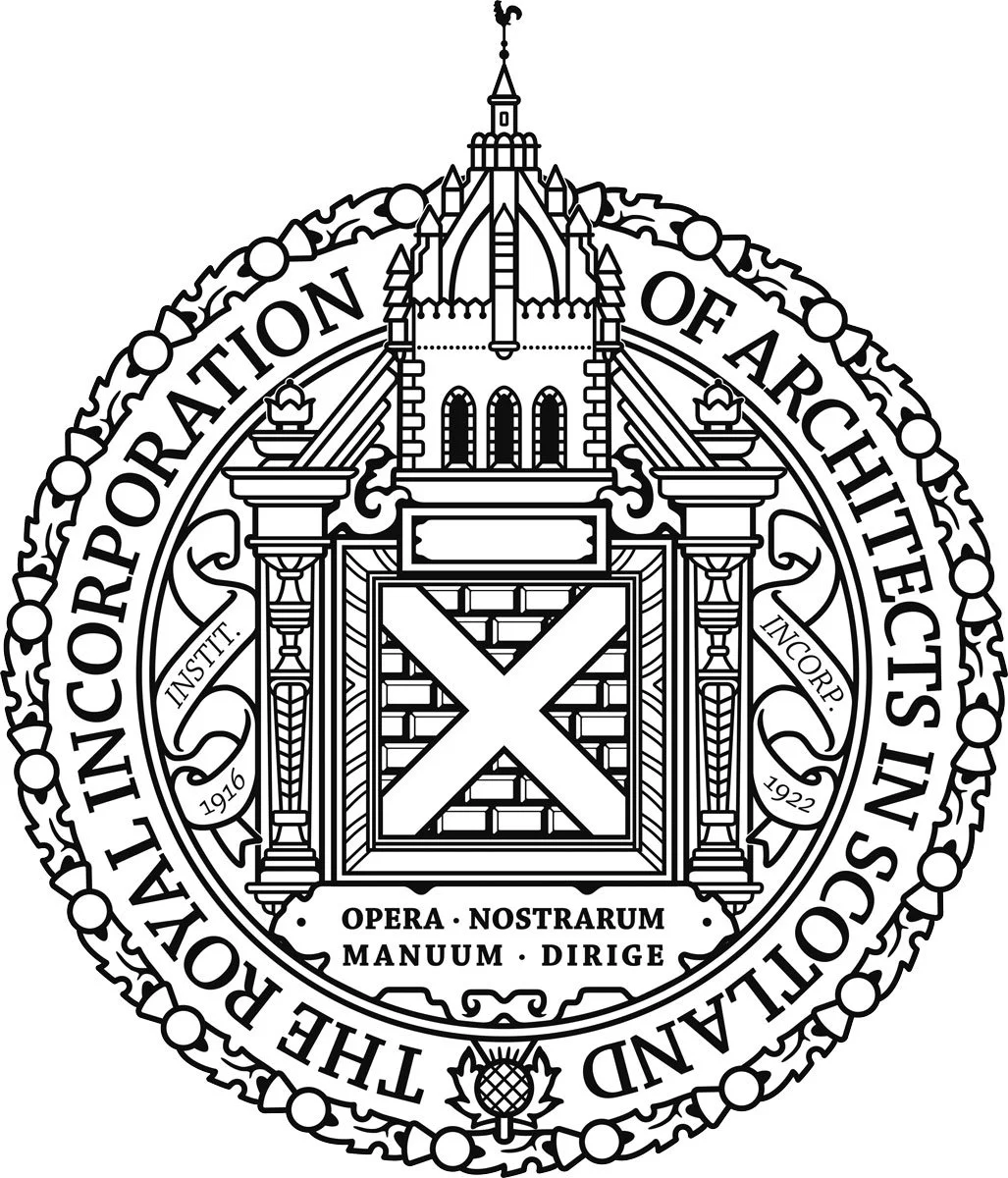 Seal of the Royal Incorporation of Architects in Scotland with a castle tower, brick pattern, and Latin motto.