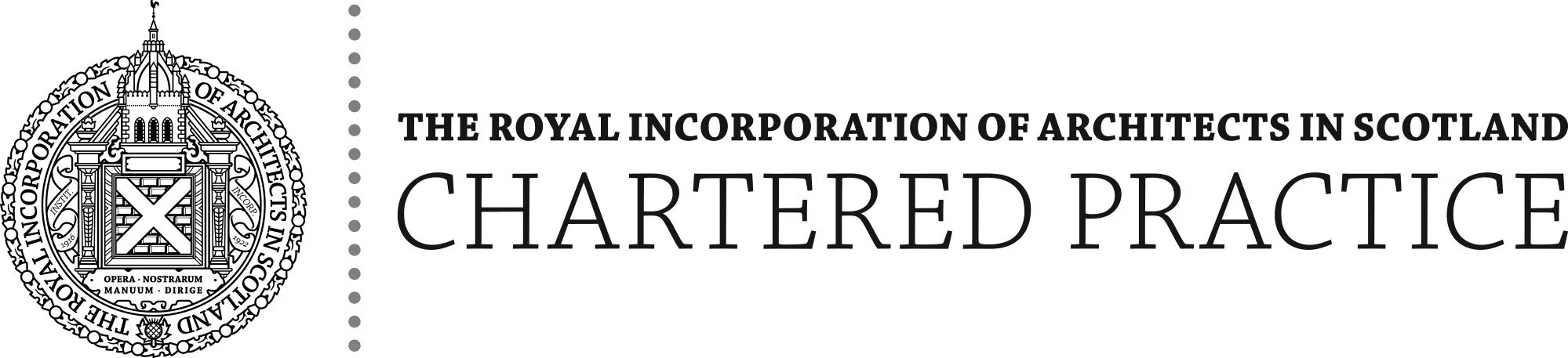 Logo of the Royal Incorporation of Architects in Scotland with the text "The Royal Incorporation of Architects in Scotland Chartered Practice".