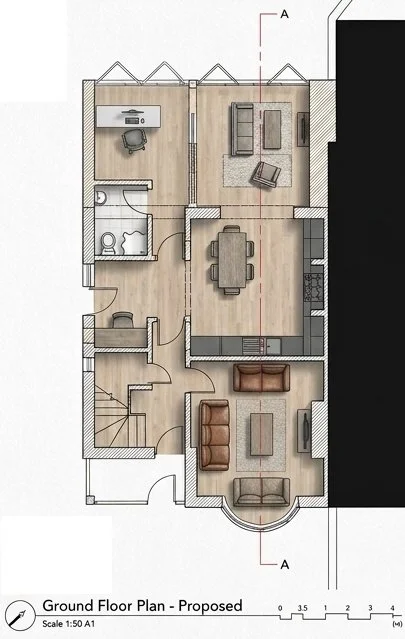 Ground floor plan — house extension with open-plan living and study