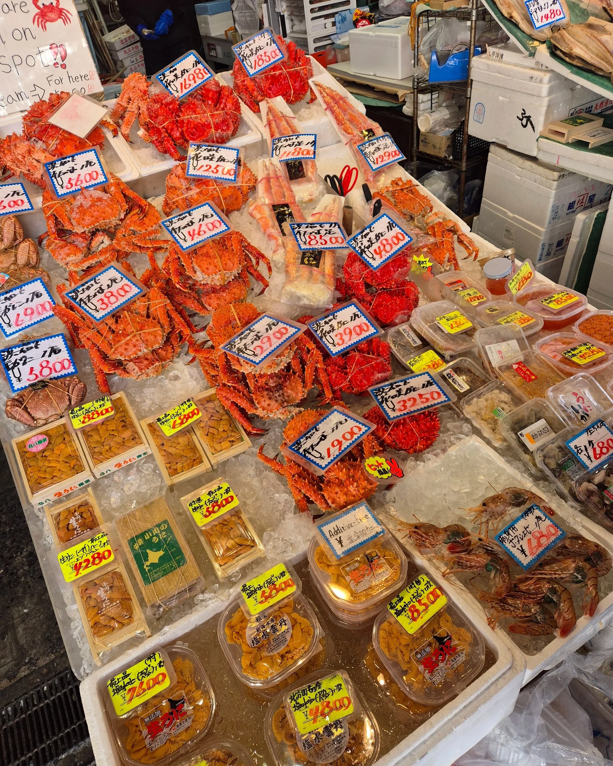 Fresh seafood at Hokkaido market stall with snow crab and seasonal catch on ice