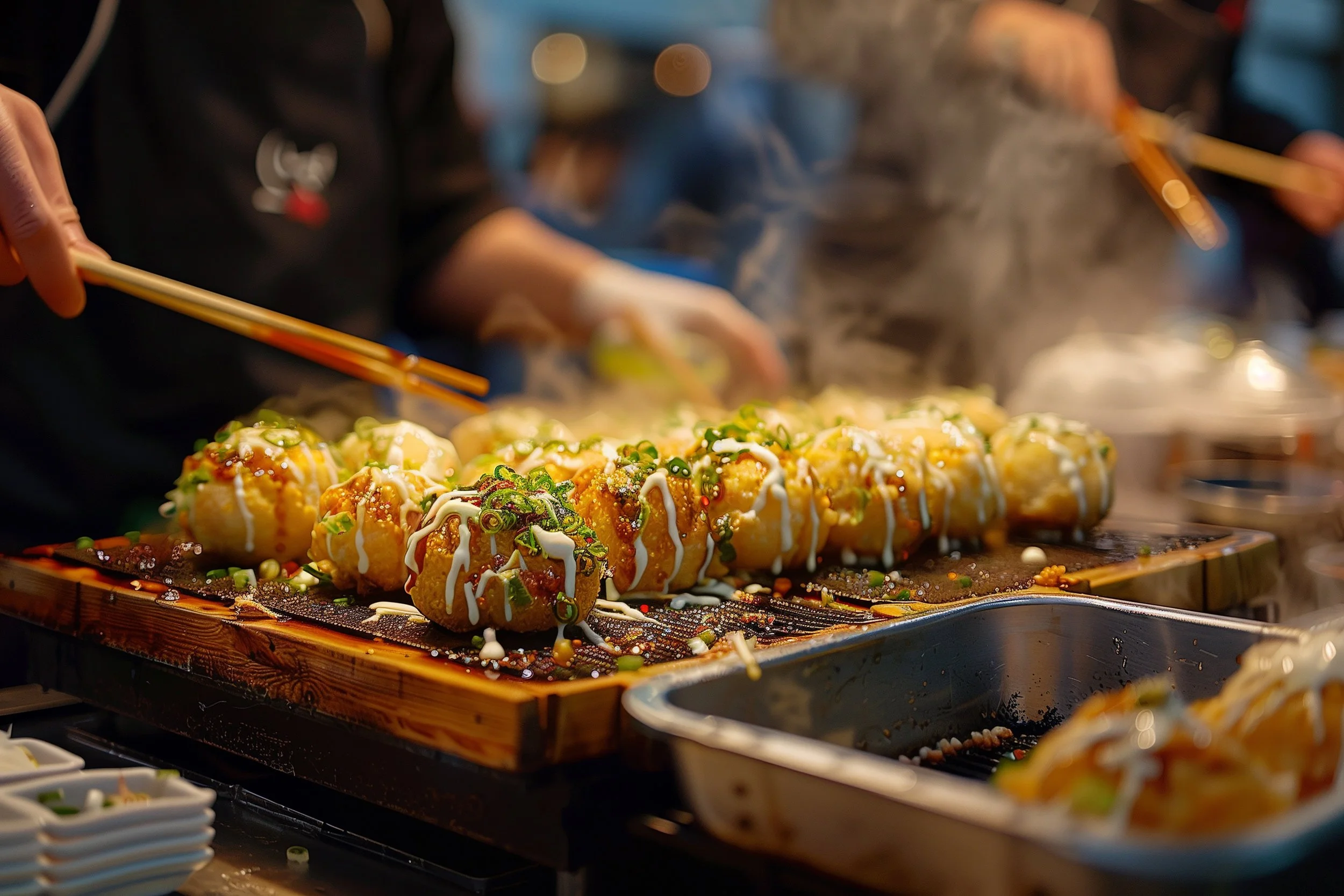Fresh takoyaki octopus balls being cooked at an Osaka street food stall — Japan food experiences by a.o.mi collective