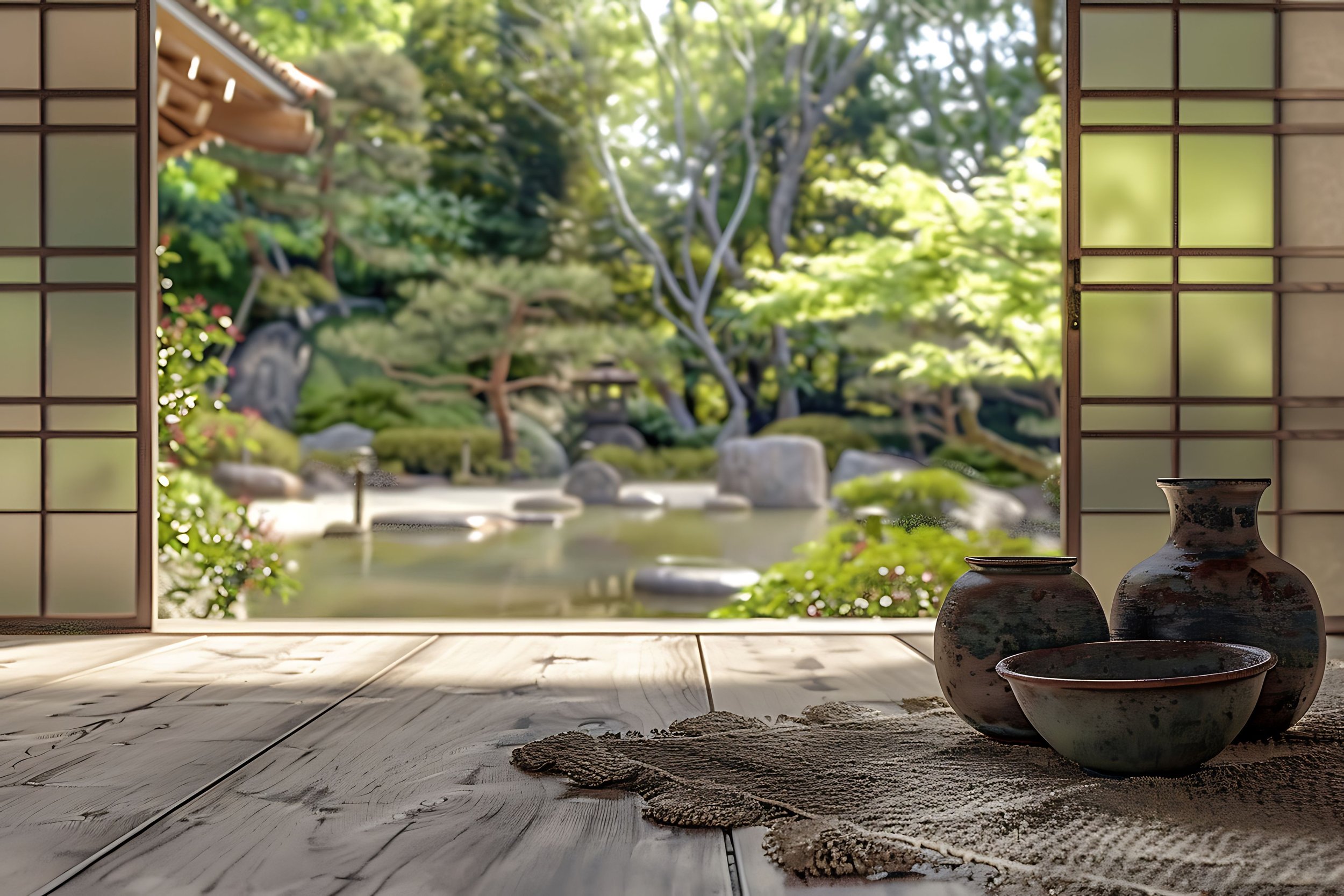 Traditional Japanese garden with ceramic tea bowls on a wooden veranda, overlooking a pond and manicured greenery