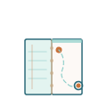 A cartoon illustration of a smartphone with a light blue screen and a dotted line connecting two orange discs, resembling a game or puzzle.