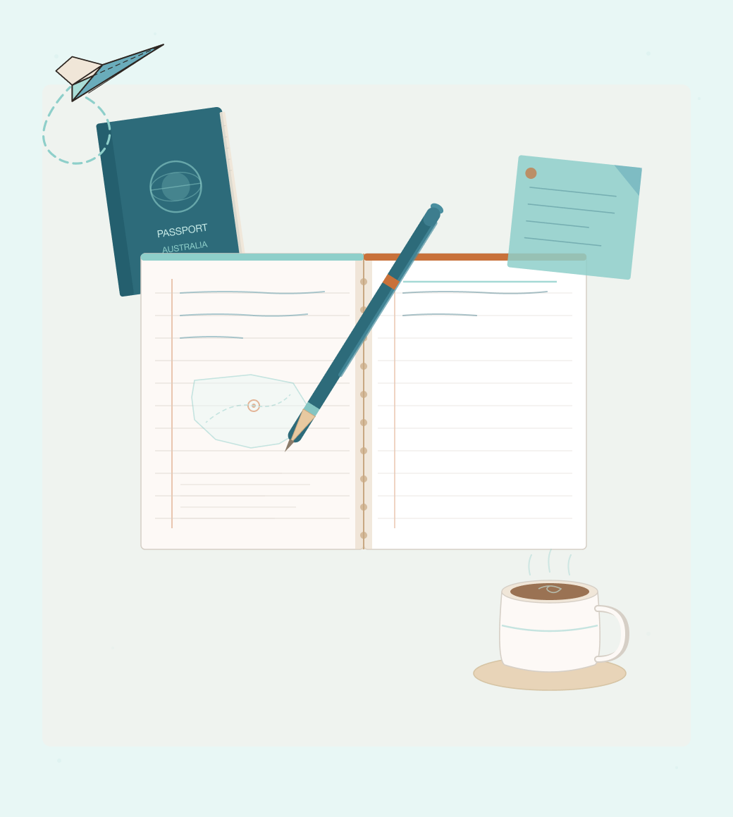 Open notebook with a pen on top, a newspaper clipping, a steaming cup of coffee, an Australian passport, and a paper airplane nearby on a light background.