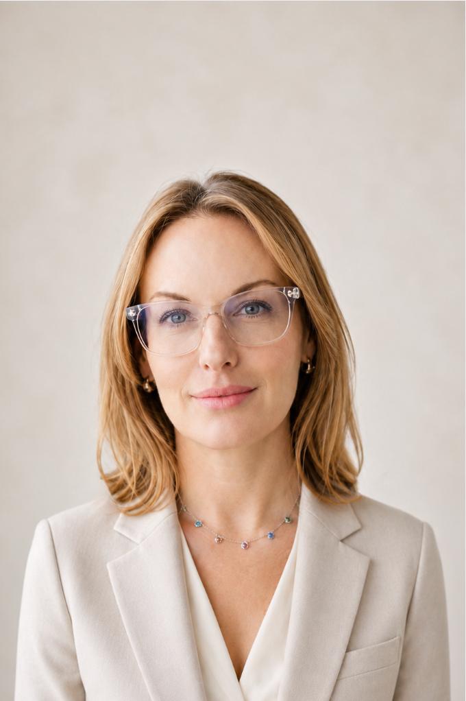 A woman with red hair wearing glasses, a beige blazer, and a delicate necklace, looking confidently at the camera against a plain background.