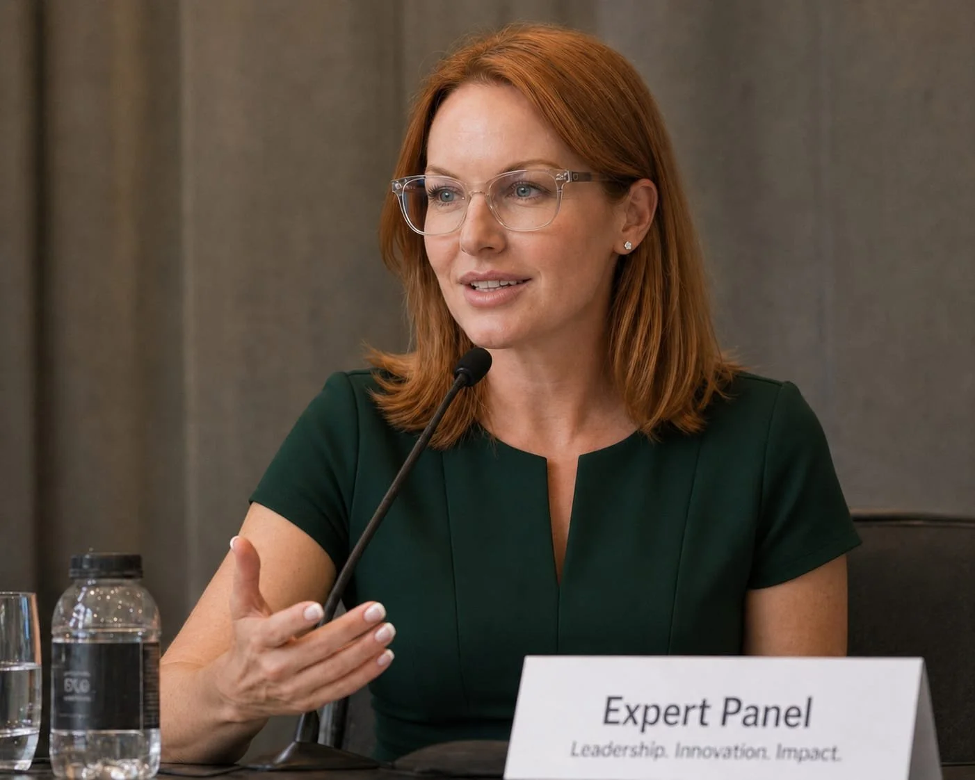 Red-haired woman wearing glasses and a green dress speaking into a microphone at a panel discussion, with a sign that reads "Expert Panel" and "Leadership. Innovation. Impact." in front of her.