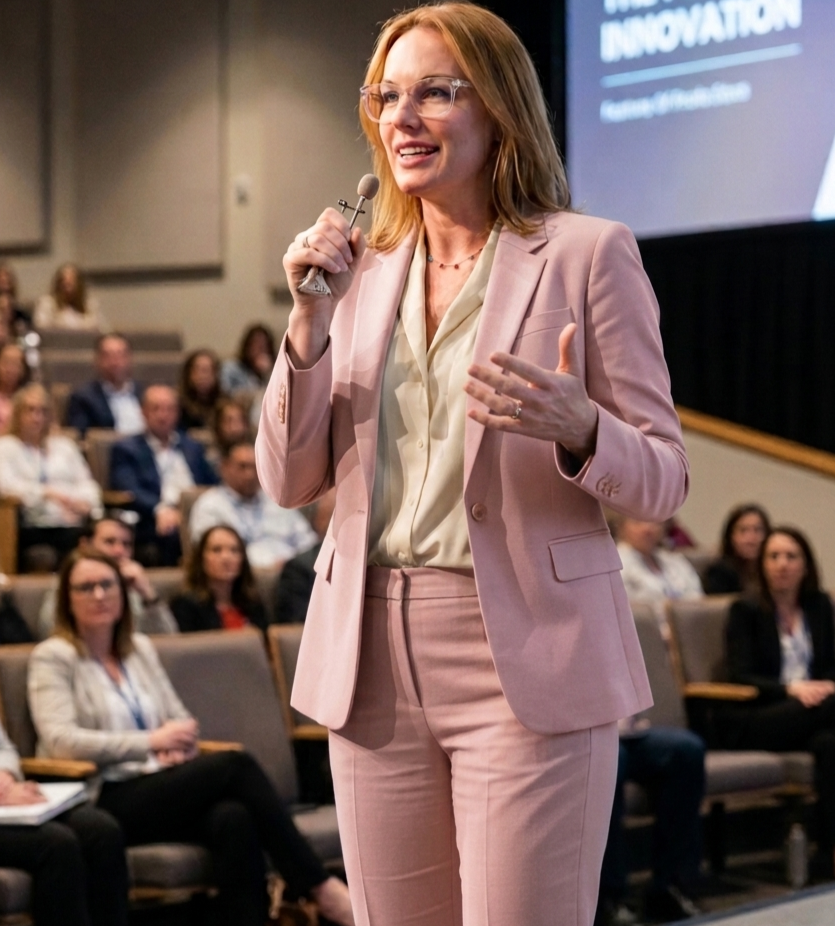 A woman in a pink suit giving a presentation in front of an audience, holding a microphone and gesturing with her hand, with a slide in the background.