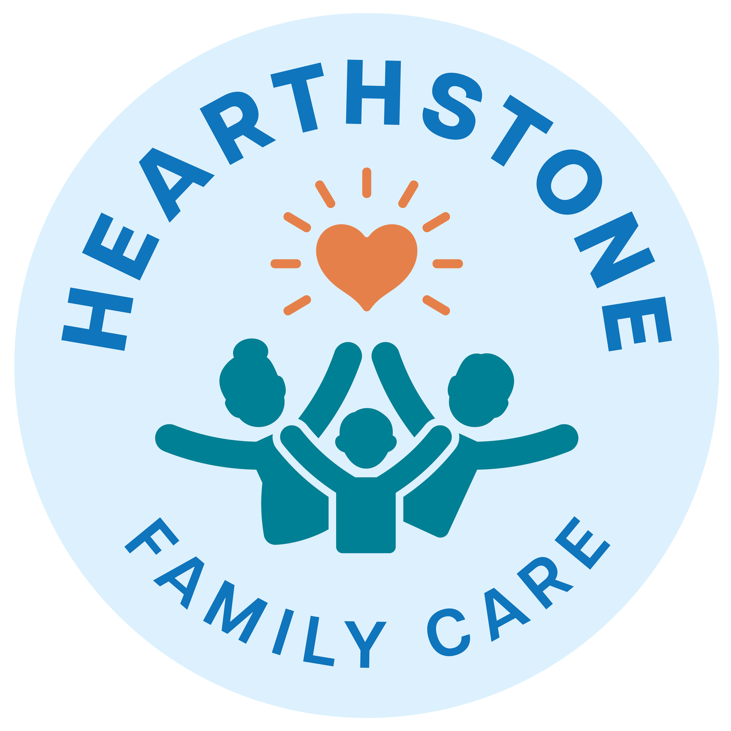 A logo with three figures holding hands underneath a heart with rays emanating from it, surrounded by the text 'HEARTHSTONE FAMILY CARE' in blue on a circular light blue background.
