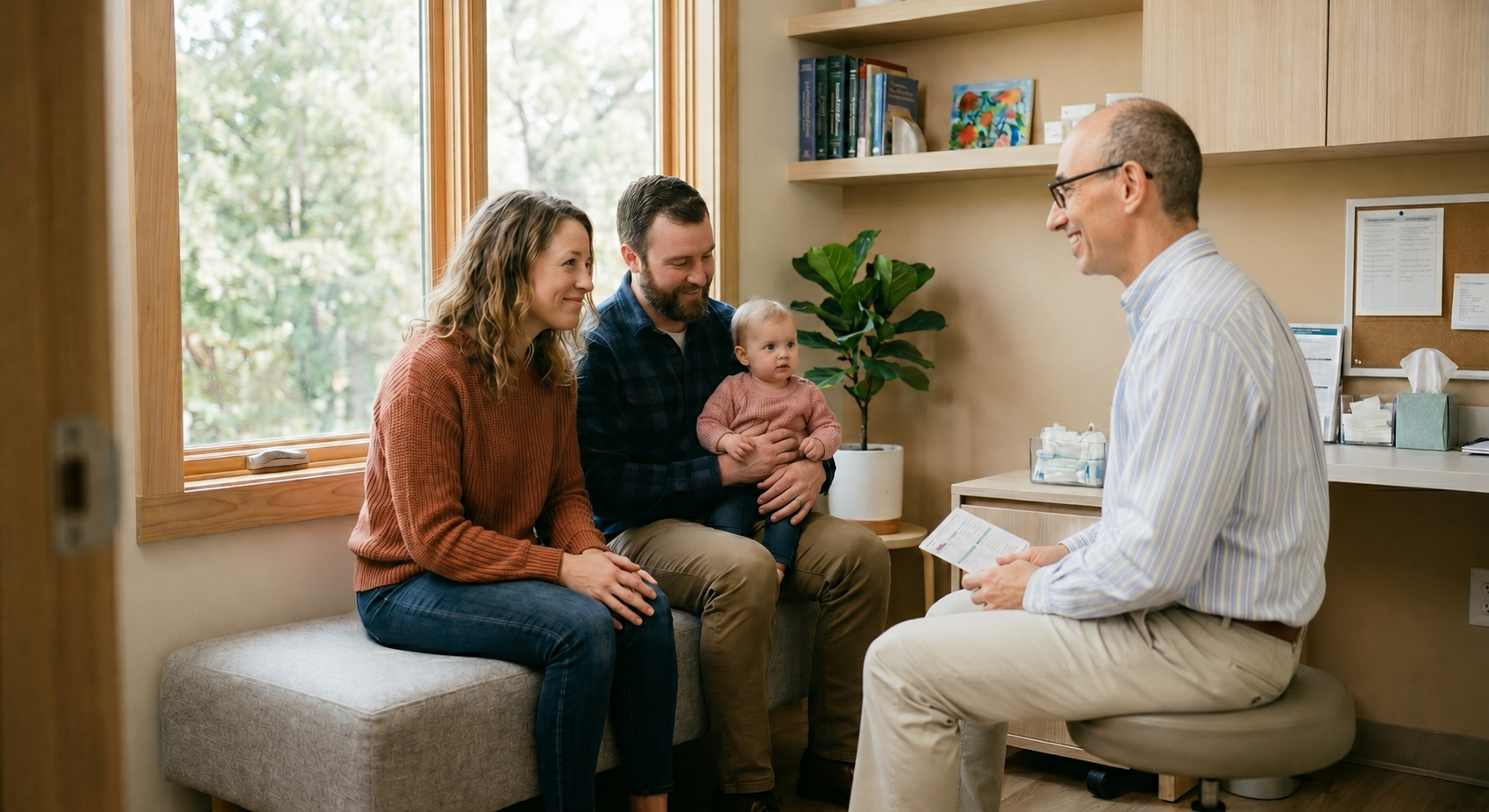 A family of three sitting on a bench during a medical appointment with Dr. Lawrence Miller in Hearthstone Family Care's medical office. The family includes a woman, a man holding a baby, and Dr. Larry, engaging in conversation.