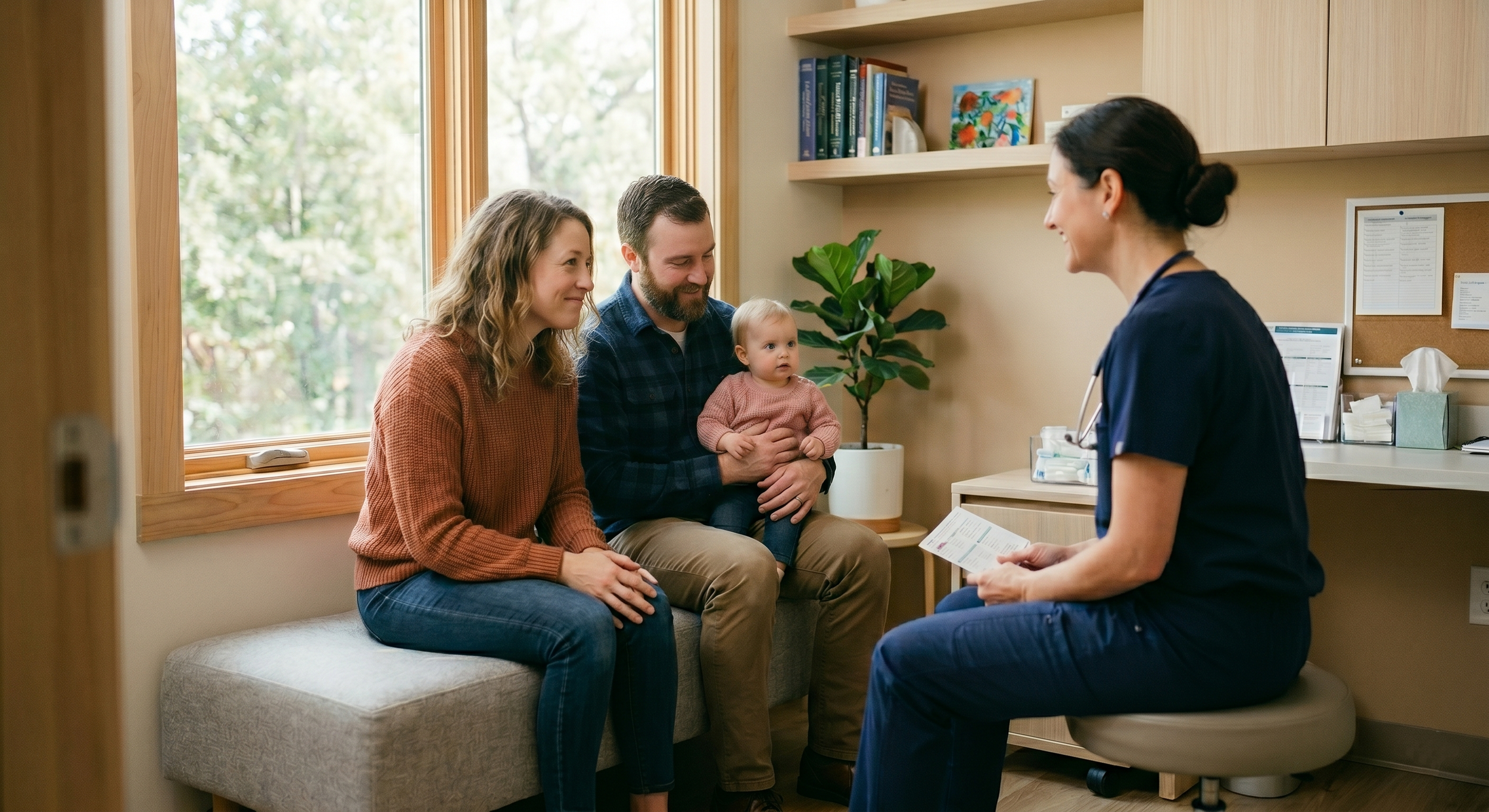 A family visiting a healthcare professional, seated in a medical office with large window and wooden furniture, as the healthcare provider talks to them and shares information.