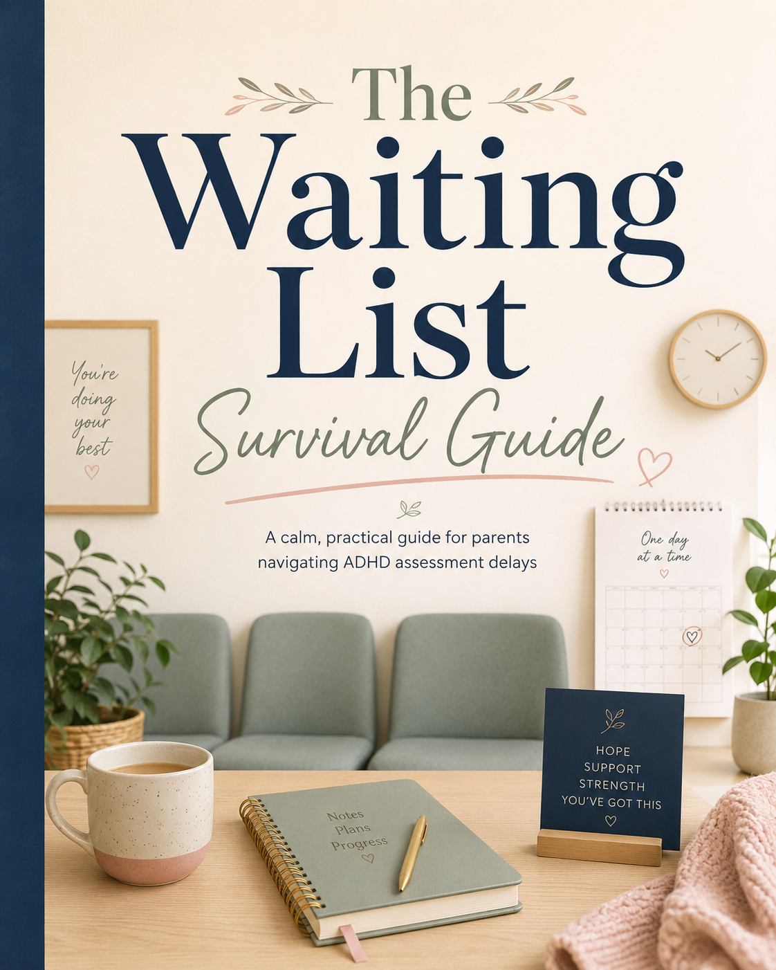 Cover of a guide titled "The Waiting List Survival Guide" with a comfortable waiting room background, a coffee mug, a notebook, a motivational card, and plants. ADHD life.