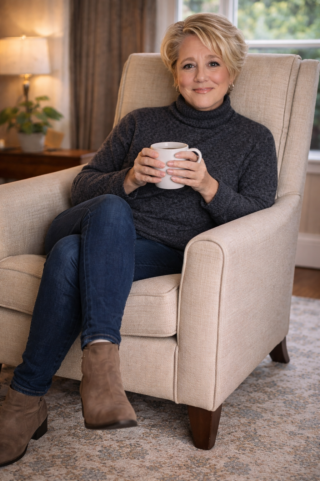 A woman sitting in a beige armchair, holding a white mug, smiling, in a cozy living room with a window and a lamp in the background.