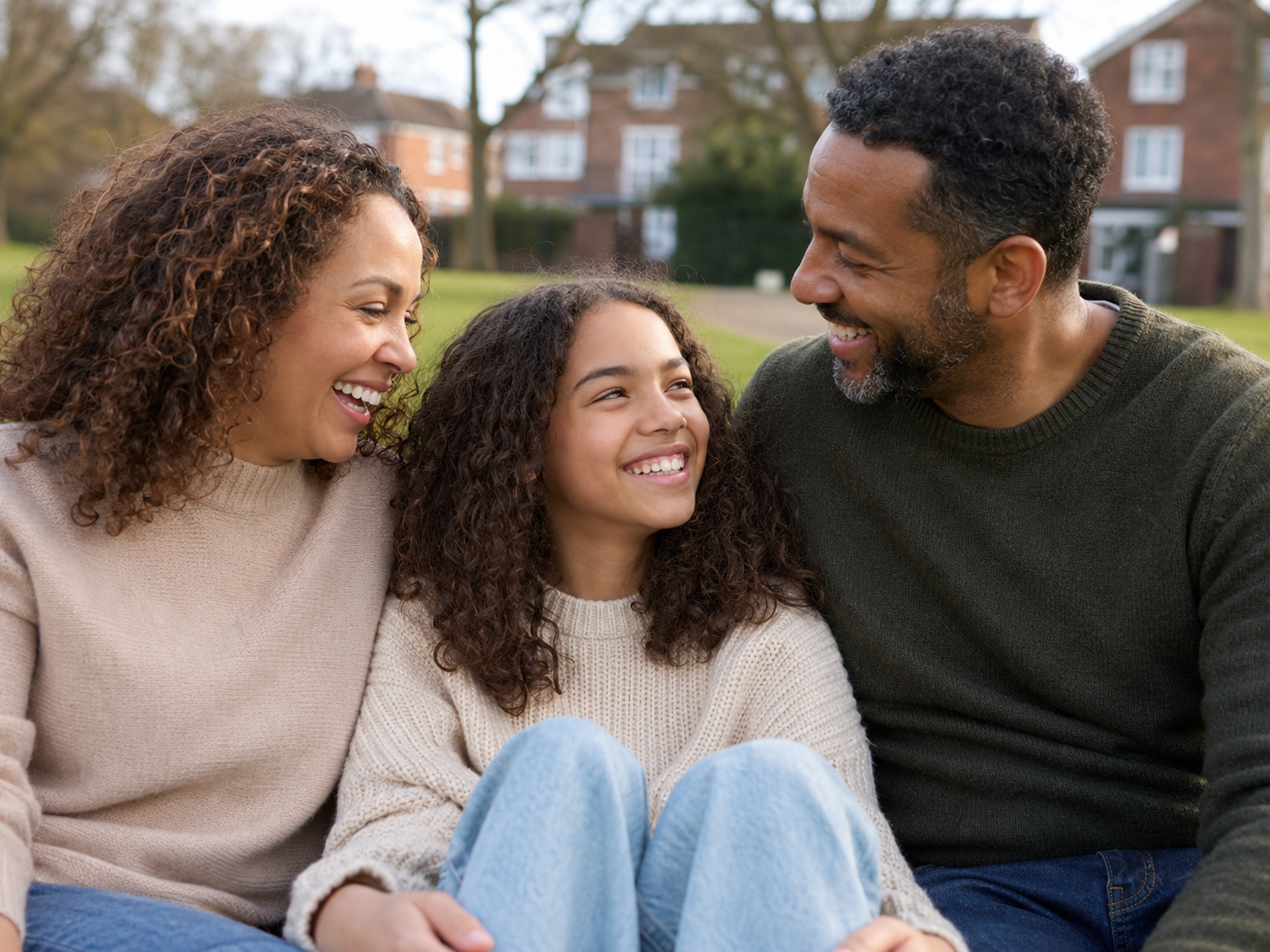 Family of three smiling and looking at each other outdoors in a park.
